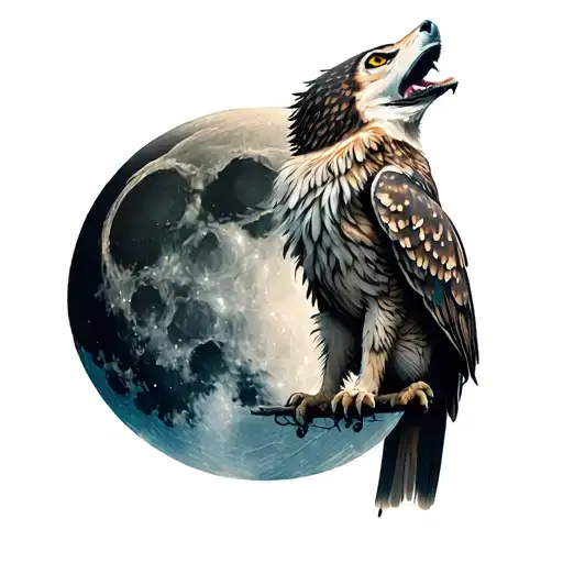 owl wolf howling at moon merging together tattoo design idea