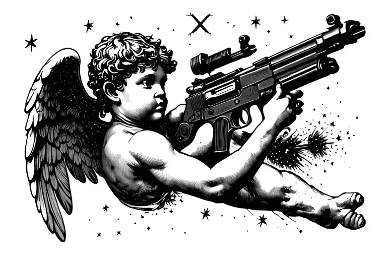 realistic cupid holding machine gun shooting up at the stars tattoo design idea