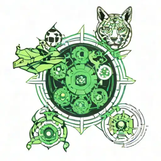 An abstract geometric design inspired by the Green Creek series, featuring elements of a CT scanner and the animals tattoo design idea