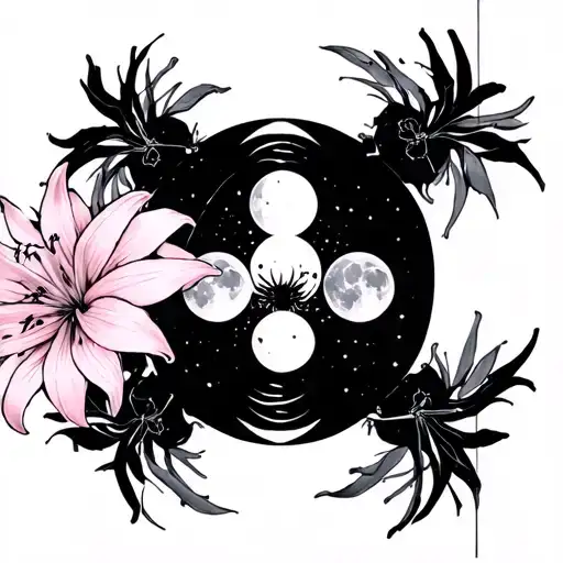 Spider lily intertwined with moon phases tattoo design idea