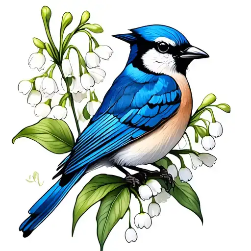 line work lily of the valley with May flower and blue jay bird rib tattoo  tattoo design idea