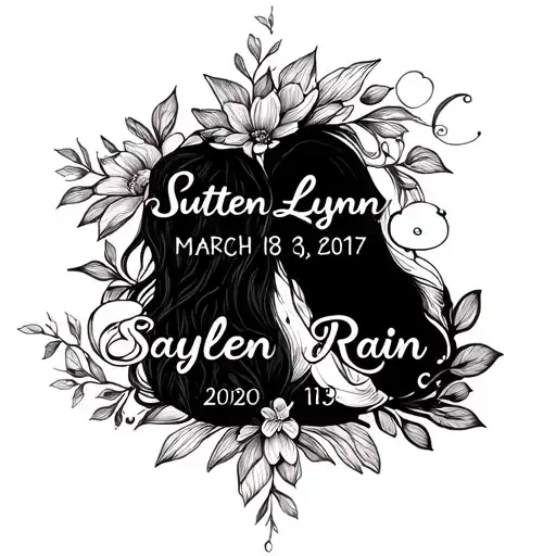 Generate a tattoo design with names Sutten Lynn born March 18, 2017 and Saylen Rain born August 13, 2020 in them with a tattoo design idea