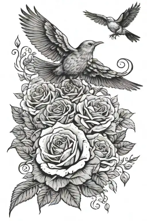 roses birds flying Roman numerals 07-19-79 tattoo design idea