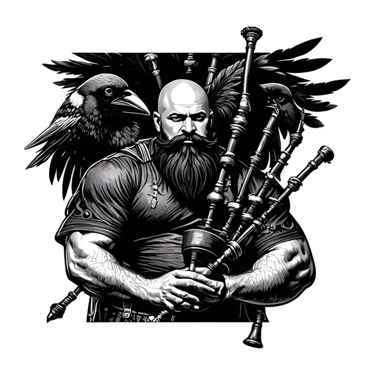 bald bagpiper with black beard with crow featherd muscular body with a mans head and hands playing blackbagpipes tattoo design idea