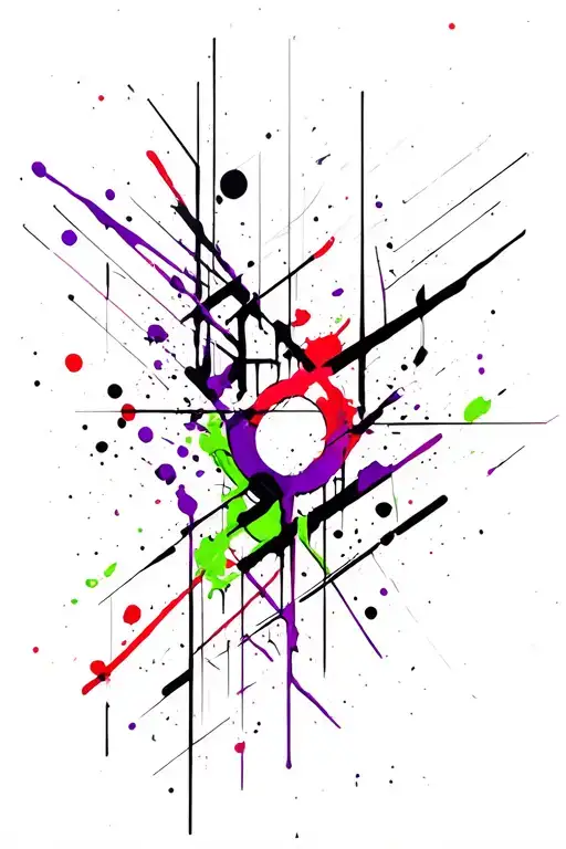 black red purple and green abstract chaotic geometric lines and 11 medium paint splatter punk theme tattoo design idea