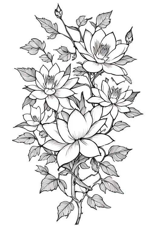 outer leg sleeve hip to thigh, larkspur & lotus flower on an overgrown ivy vine  tattoo design idea