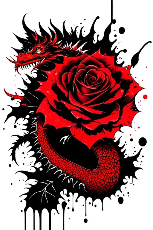 Abstract rose and dragon intertwined, gritty street vibe tattoo design idea