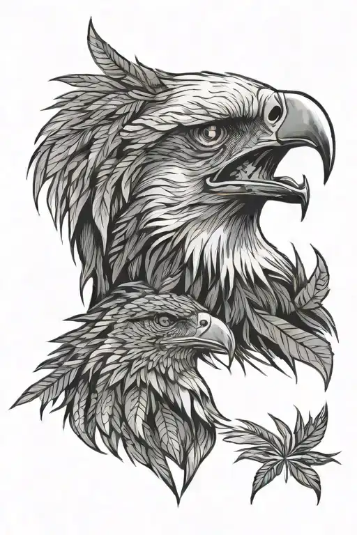 Layered eagle head portrait. Inner feathers detailed, outer feathers shaped like cannabis leaves, radiating outwards. tattoo design idea