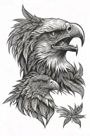 Layered eagle head portrait. Inner feathers detailed, outer feathers shaped like cannabis leaves, radiating outwards. tattoo design idea