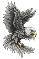 Layered eagle head portrait. Inner feathers detailed, outer feathers shaped like cannabis leaves, radiating outwards. tattoo design idea