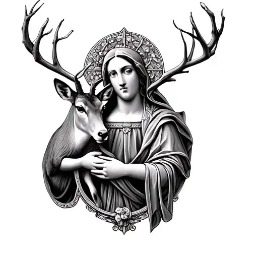 Depiction of the madonna of arms, a stone-encrusted madonna holding a wounded deer tattoo design idea