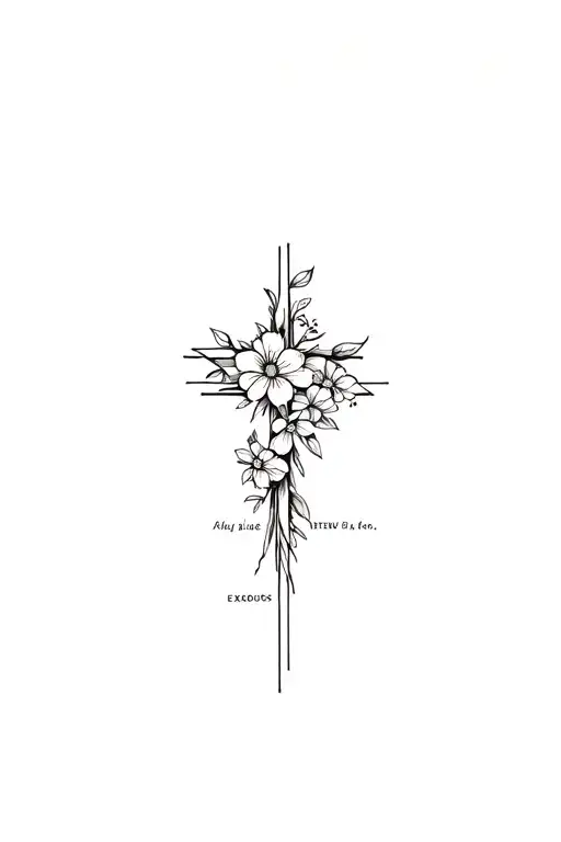 a long cross with flowers and the verse exodus 20:12 alongside  tattoo design idea