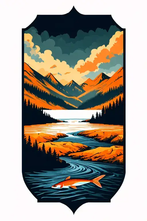 river flowing in wilderness, fish swiming downstream, mountains around tattoo design idea