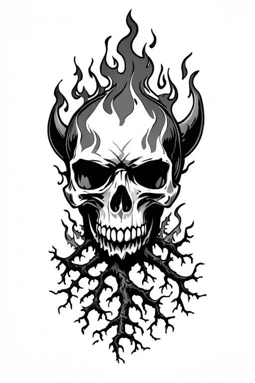 “Burning Skull Viking” in the style of “Gas Sector.” There is a fire in fire, but instead of flame, there are trees or roots. tattoo design idea