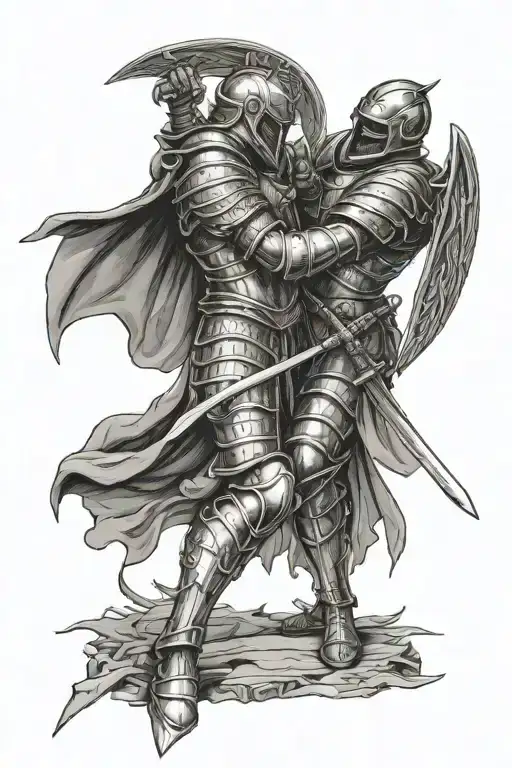 2 angels in plate armour fighting each other with swords tattoo design idea