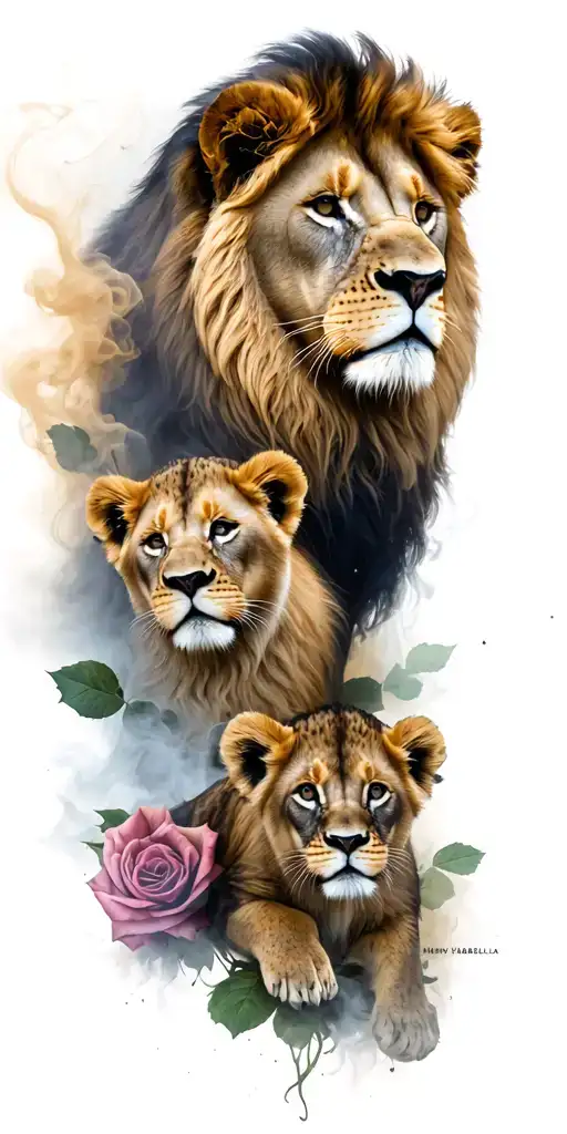 1 lion 3 cubs    3 clocks. and the names Henry Harris Isabella.    smoke roses tattoo design idea