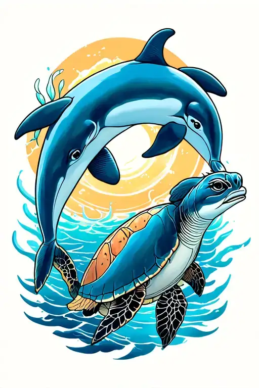 sea turtle and dolphin swimming together tattoo design idea