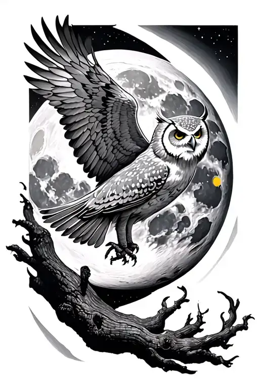 aquarius zodiac sign and full moon with owl flying tattoo design idea