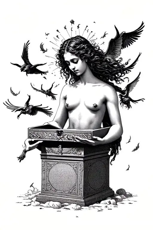 Woman opening Pandoras box ancient greek mythology, demons flying out of the box  tattoo design idea