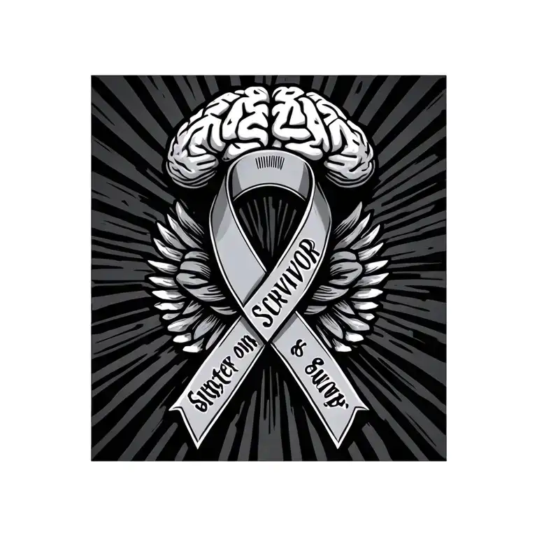 gray brain cancer ribbon with fighter and survivor on it tattoo design idea