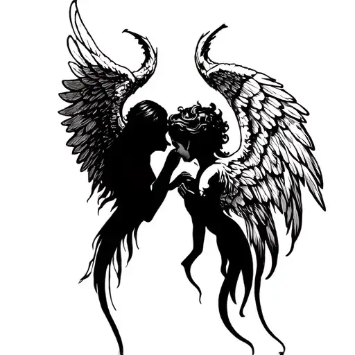 wings devile kissing angel tattoo design idea