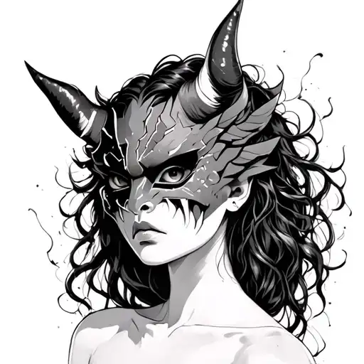 woman wearing broken oni mask tattoo design idea