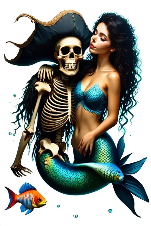 a realistic pirate skeleton with tattered clothes under water next to a sexy mermaid with colorful tropical fish  tattoo design idea