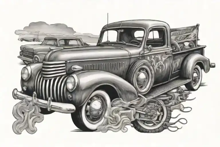 54 Chevy truck and old mustang tattoo design idea