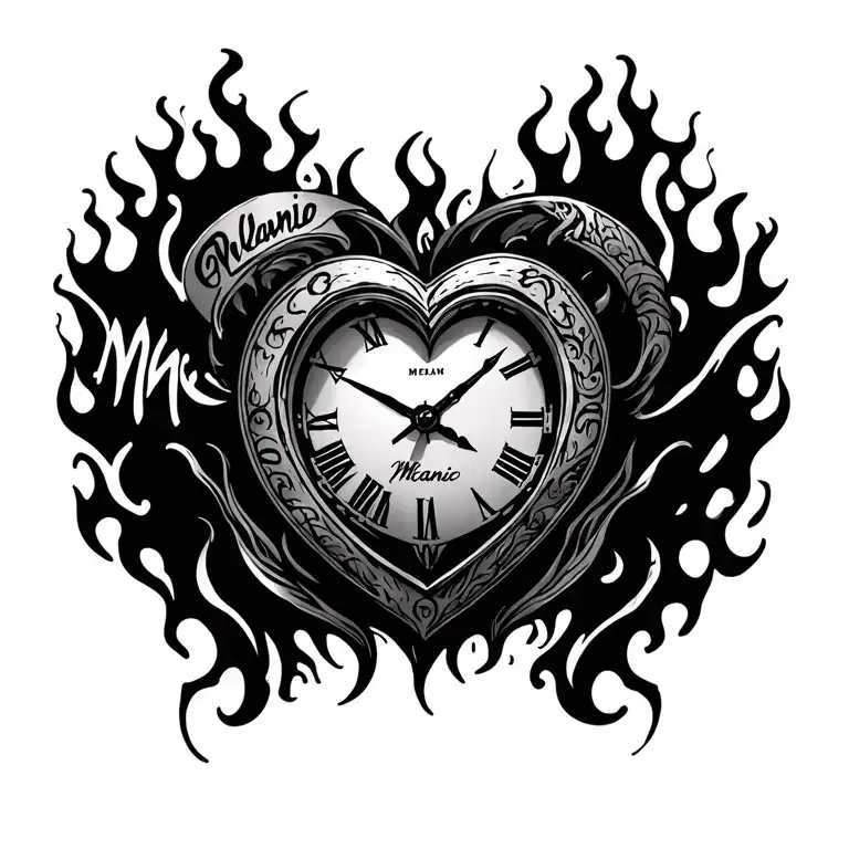 "Mélanie" clock heart in flame tattoo design idea