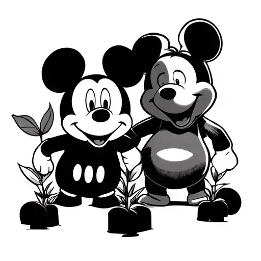 micky mouse and winnie the pooh together with some plants tattoo design idea