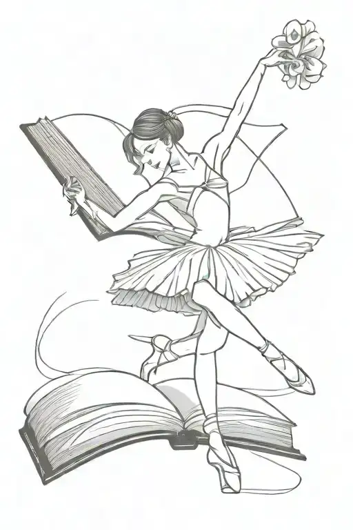A draw of a ballerina coming out of a book open in front tattoo design idea