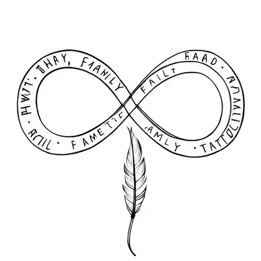 Infinity symbol with feather in middle and word family in left side and a heard on right side minimalistic tattoo tattoo design idea