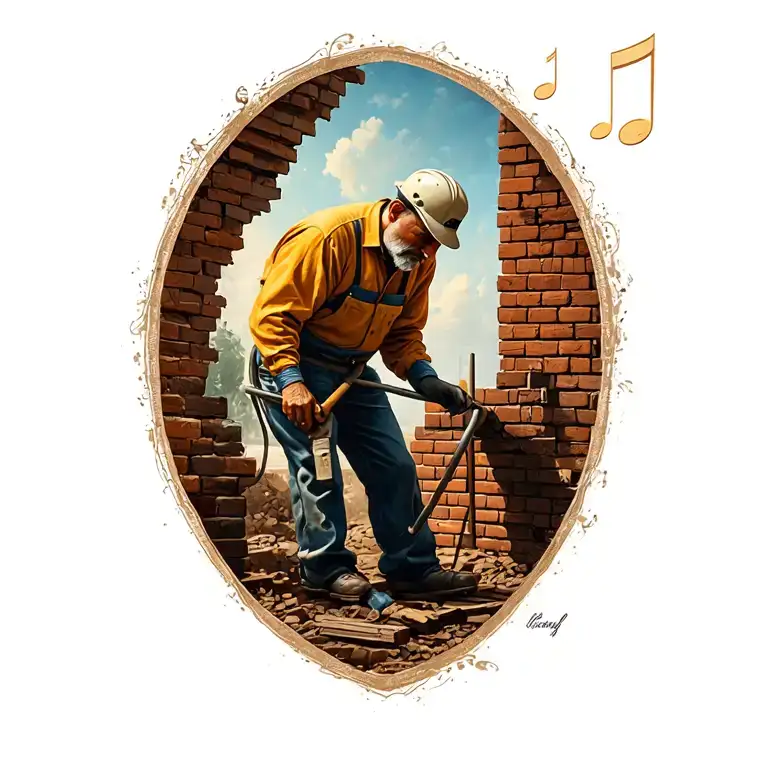 A realistic portrait of your father working as a brick layer, with a subtle music theme incorporated into the background tattoo design idea