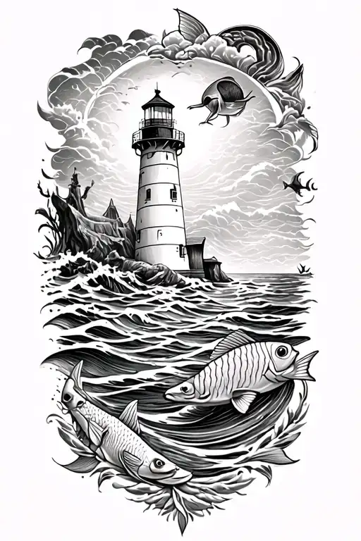 Ocean with light house and salt water fish tattoo design idea