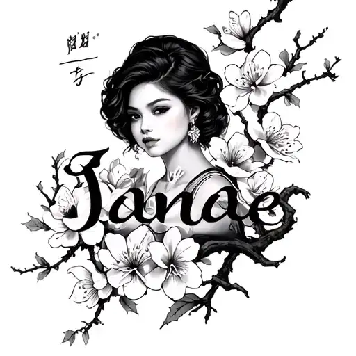 name tattoo "Janae" with Japanese cherry blossom tattoo design idea