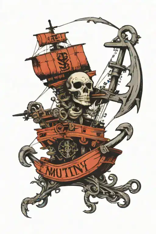 container ship with stacks of containers with a skull and anchor below and with text below that says "mutiny" tattoo design idea