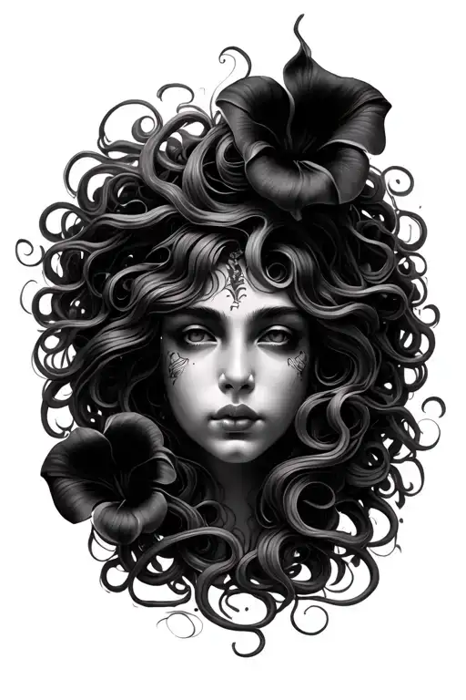 beautiful Medusa face with black callalillies tattoo design idea