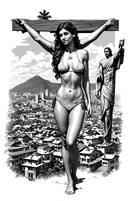 the favelas of Rio de Janeiro with a Brazilian girl in a bikini with Christ the redeemer at the bottom and Saint George  tattoo design idea