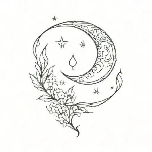 waxing Crescent moon with Isa name intertwined tattoo design idea