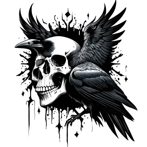 A tattoo design combining a skull and a crow, symbolizing the beauty in darkness and mystery tattoo design idea