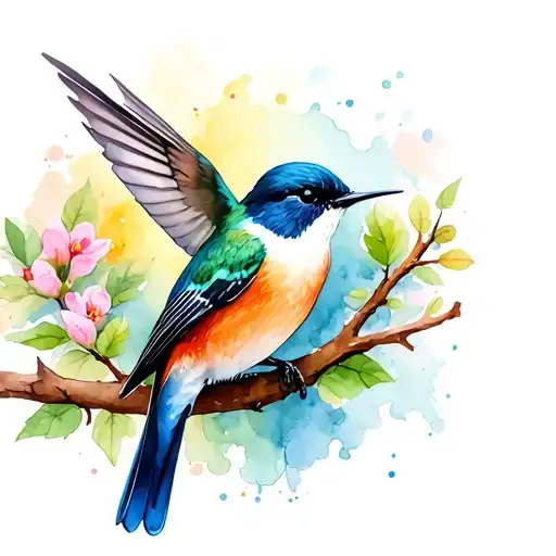 a humming-bird and a robin sitting in a twig and playing. tattoo design idea