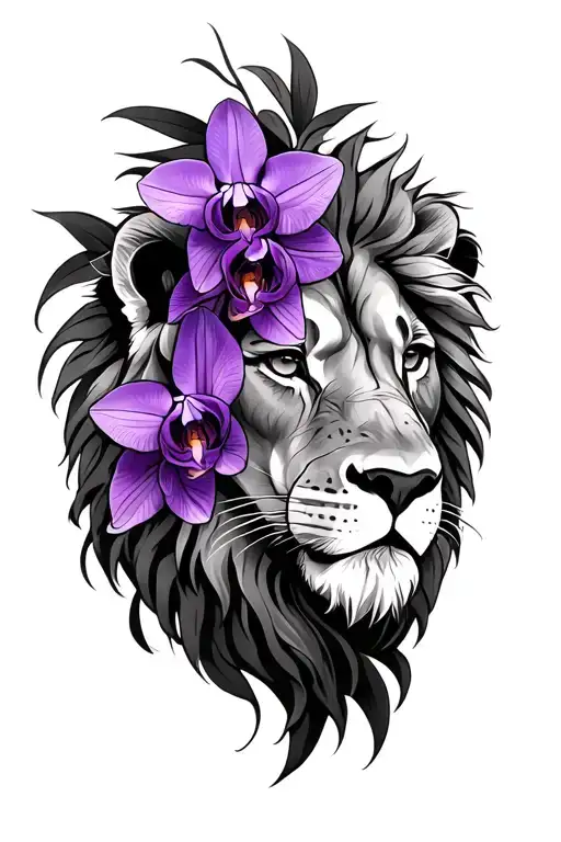 lion with purple orchids intertwined tattoo design idea