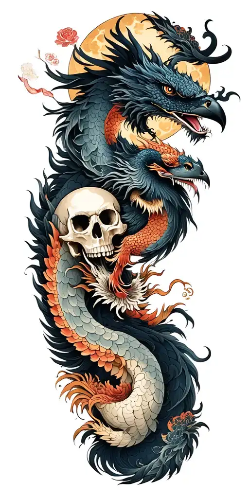 Chinese dragon and phoenix and skull and moon and raven tattoo design idea