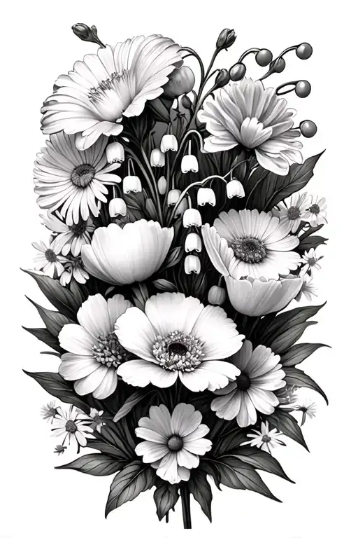 Lily of the valley, chrysanthemum, marigold, edelweiss and poppy flower black and white bouquet tattoo design idea