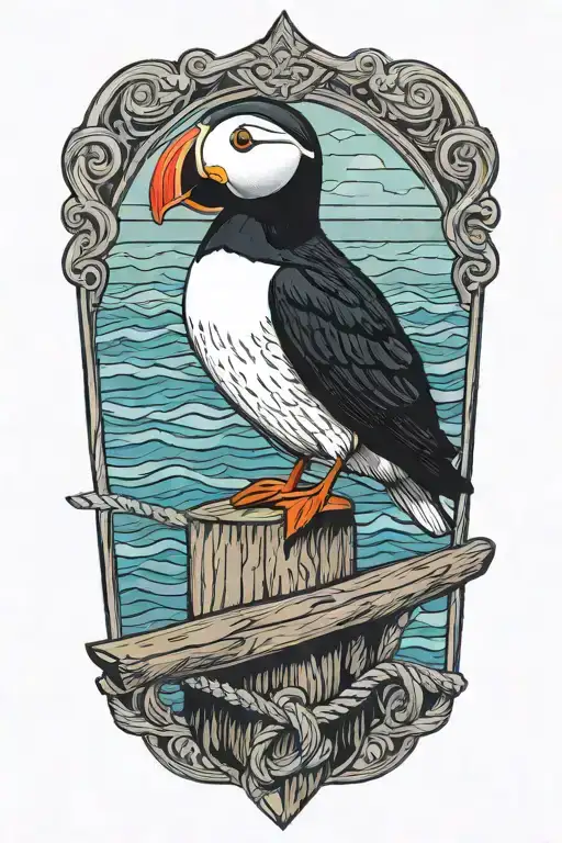 male puffin perched wood dock rope . old viking ship at sea background tattoo design idea