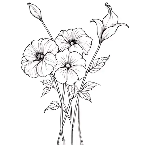 flowers in a straight line with the stems wrapping each other.flowers are calla Lillie's, rose,African violet, carnation tattoo design idea