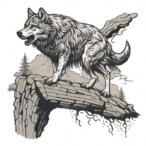 wolf jumping out of a Cliff to get a pray  tattoo design idea