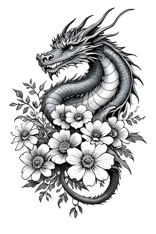 dragon and marigolds and cosmo flower bouquet fine line tattoo design idea