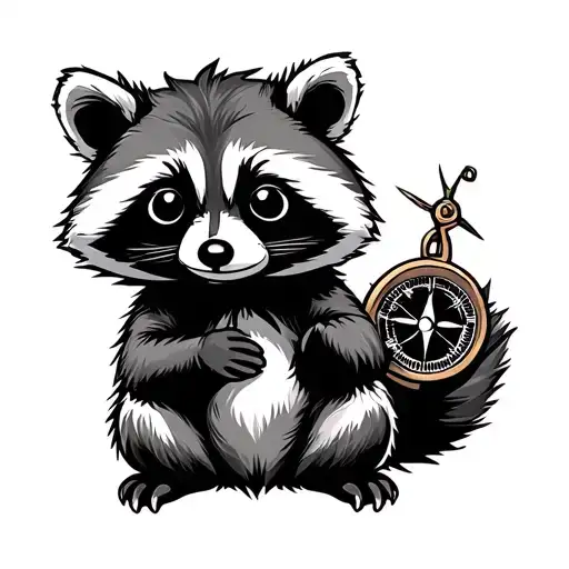 cute racoon sitting holding a compass tattoo design idea