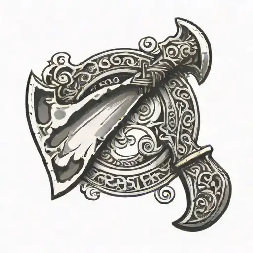Full image of a viking battle axe with the word BUSTER on it in greyscale  tattoo design idea